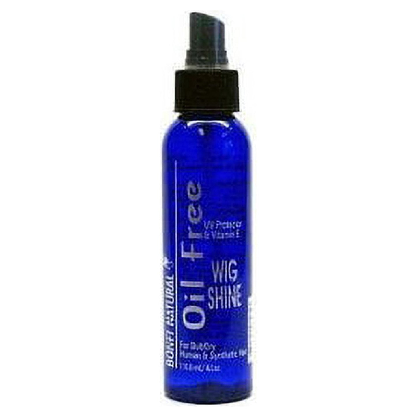 Packaging for Bonfi Natural Wig Shine. A tall, blue spray bottle with a black pump, labeled "Oil Free.