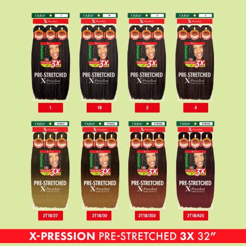 Packaging for X-PRESSION BRAID-PRE STRETCHED BRAID 32 3X, displaying dark brown hair and a smiling woman.