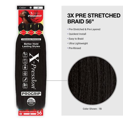Packaging for X-PRESSION PROGRIP PRESTRETCHED BRAID 56" 3X, with a circular swatch of dark 1B hair texture.