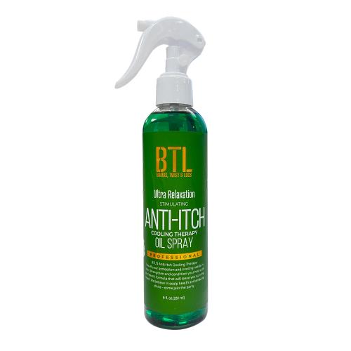 Packaging for BTL Anti-Itch Cooling Spray. A transparent green bottle with a white trigger spray top.