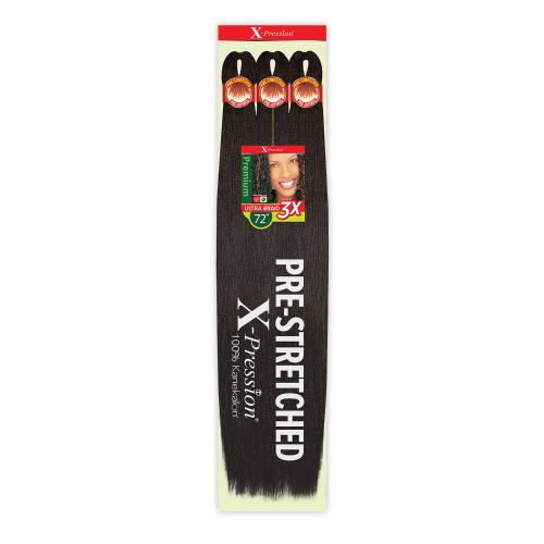 X-PRESSION BRAID-PRE STRETCHED BRAID 72 3X product packaging featuring black pre-stretched braiding hair and a woman with ...