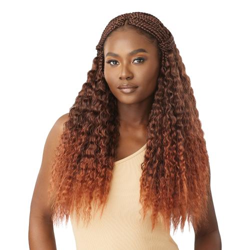 Woman models X-Pression Twisted Up Wet & Wavy Vibe Box Braid 22 - Pre-Looped Crochet. Long brown to auburn ombre hair with...