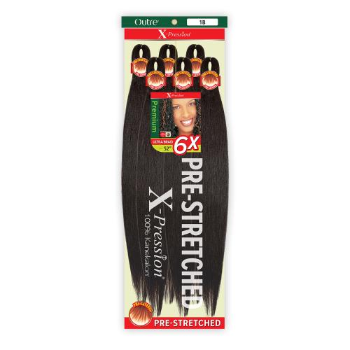 X-PRESSION BRAID-PRE STRETCHED BRAID 52 6X packaging. Shows dark brown straight braiding hair bundles and a woman's face.