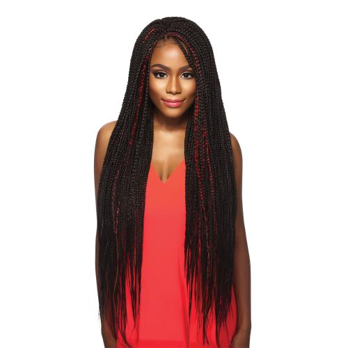 Woman with X-PRESSION BRAID-PRE STRETCHED BRAID 72 3X: long black box braids with red strands.