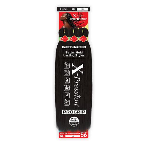 Packaging for X-PRESSION PROGRIP PRESTRETCHED BRAID 56" 3X, featuring black hair and a woman with braids.
