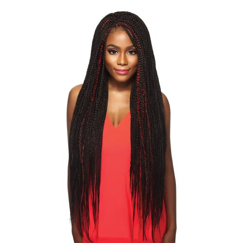 A woman models long X-PRESSION BRAID-PRE STRETCHED BRAID. She has black box braids with noticeable red strands.