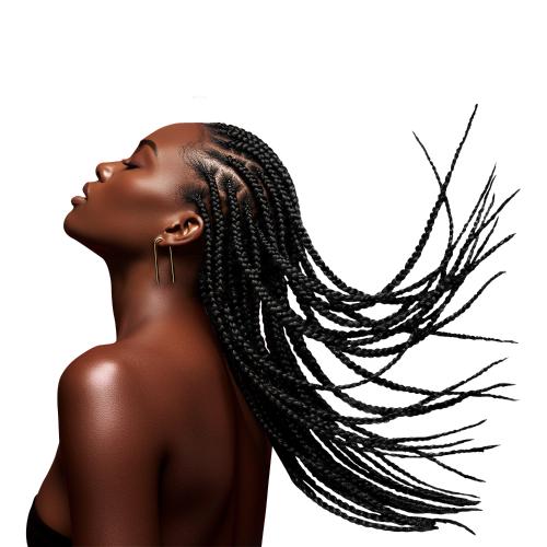 Woman with long black X-PRESSION PROGRIP box braids styled dynamically, blowing to her right.