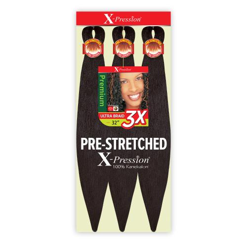 X-PRESSION BRAID-PRE STRETCHED BRAID 32 3X packaging with three bundles of dark brown hair and a smiling woman.