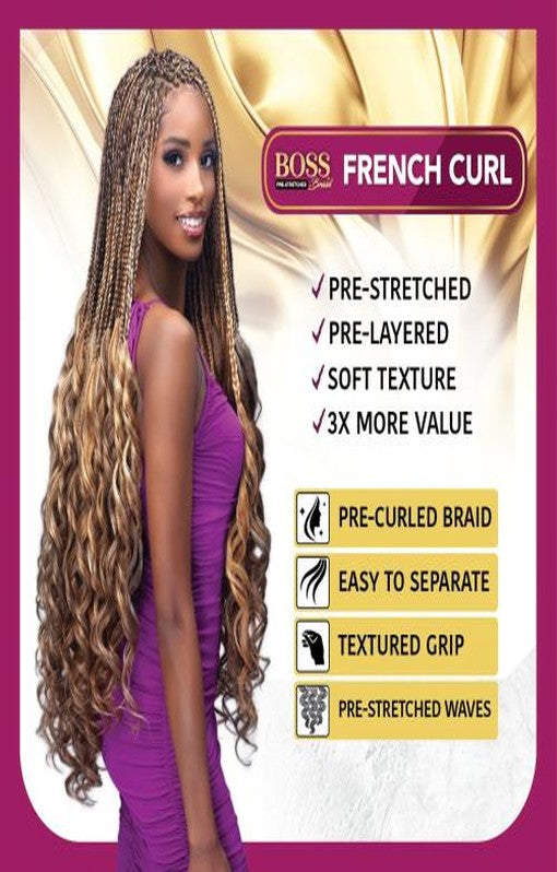A woman models long Boss Braid French Curl hair with blonde and brown ombré braids transitioning to voluminous curls.