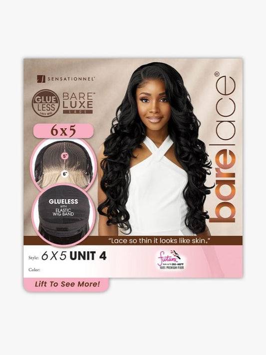 Sensationnel BARE LACE WIG 6X5 - UNIT 4 packaging. A woman wears a long, black, wavy wig with a side part, showcasing the ...