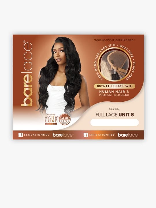 Bare Lace Full Lace Unit 8 packaging shows a model wearing a long, wavy black wig with a deep side part.