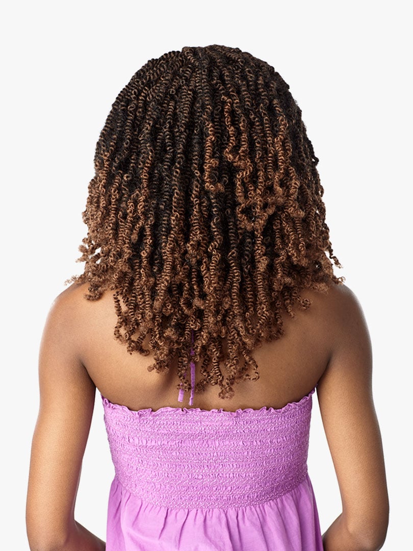 Back view of a person with Lulutress 3X Bomb Twist 12" pre-looped crochet hair, dark brown to auburn ombre.