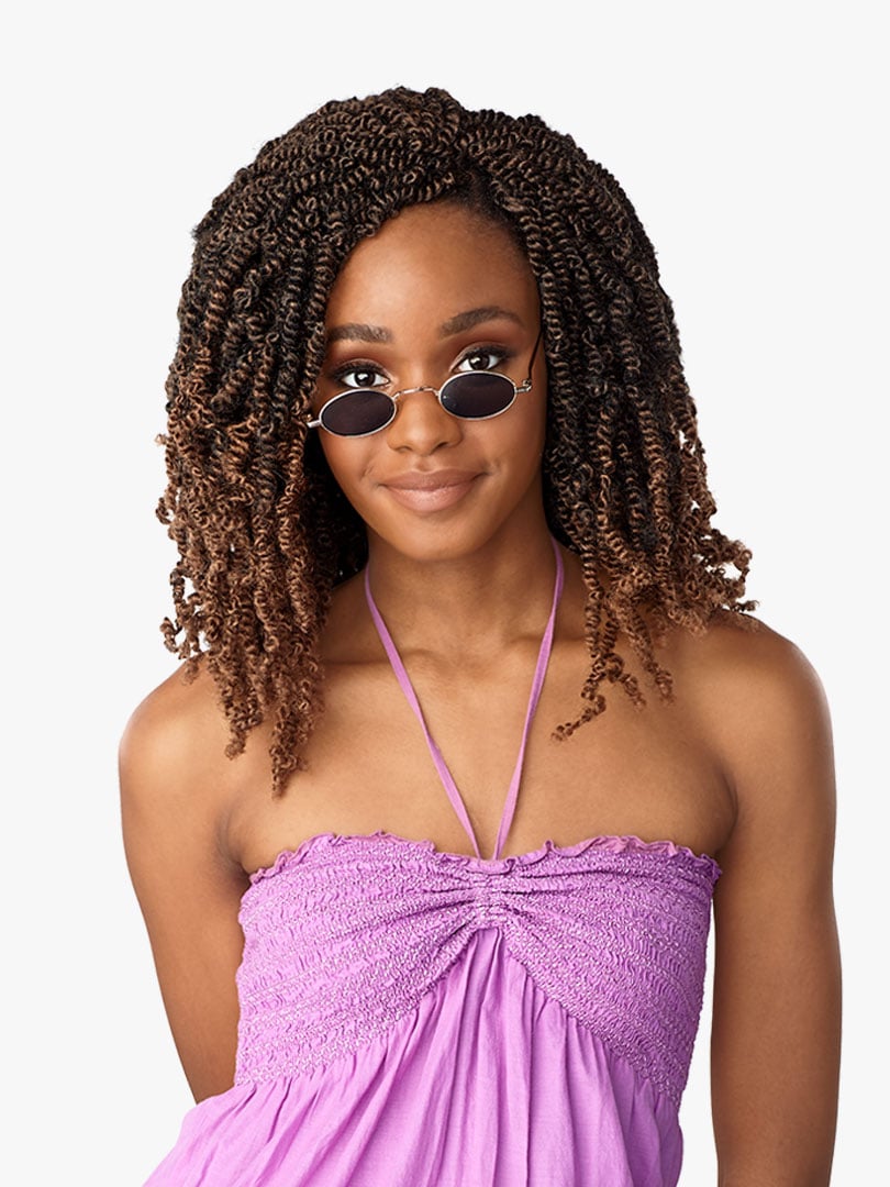Smiling woman wearing Lulutress 3X Bomb Twist 12" pre-looped crochet hair; dark brown to auburn spiral twists.