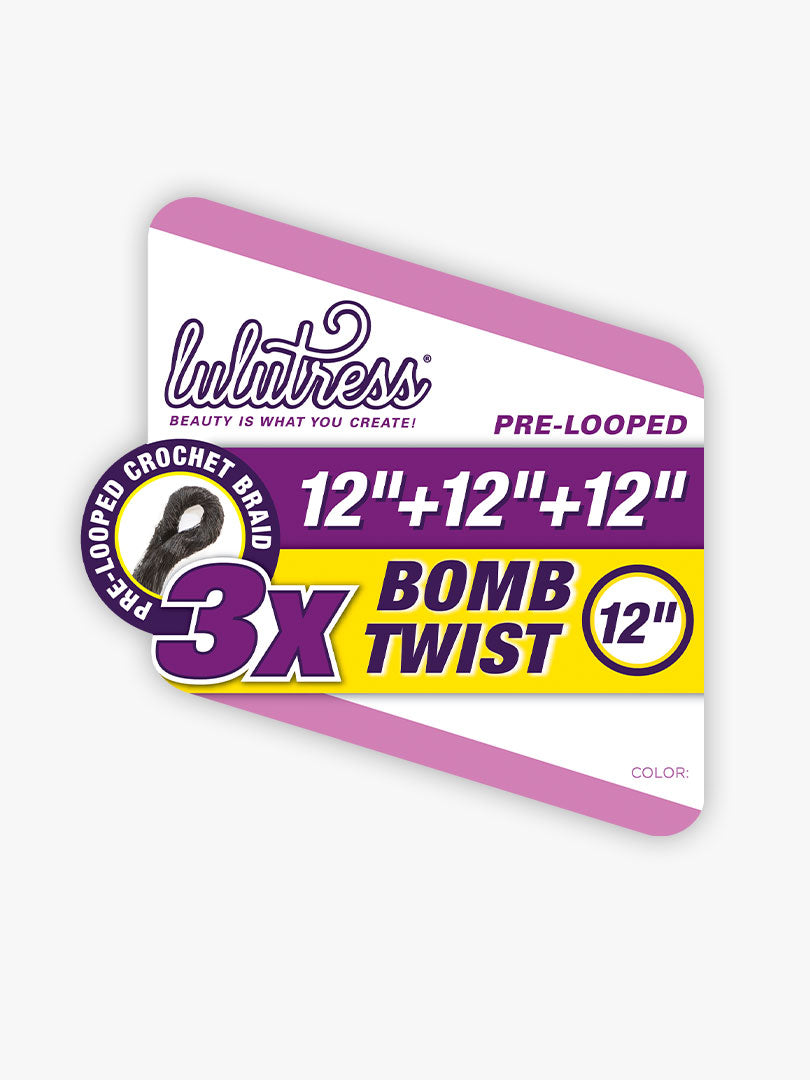 Product packaging for Lulutress 3X Bomb Twist 12" Pre-Looped Crochet with a dark twisted hair sample.