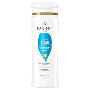 Pantene Pro-V Classic Clean Shampoo 12 oz white bottle with gold trim and a prominent blue teardrop design.