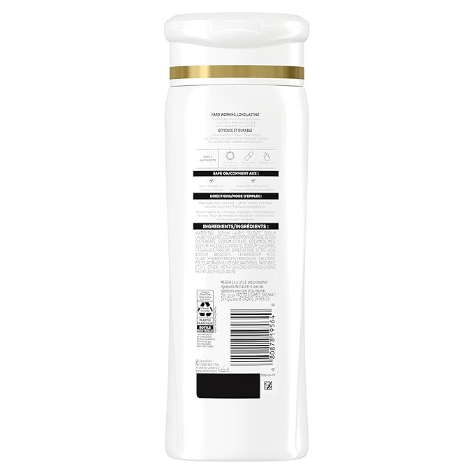 Back of Pantene Pro-V Classic Clean Shampoo bottle, white with gold band, showing ingredients, directions, and barcode.