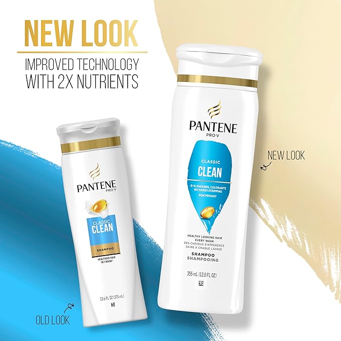 New and old Pantene Pro-V Classic Clean Shampoo packaging. White bottles with gold accents, new has vibrant teal label.