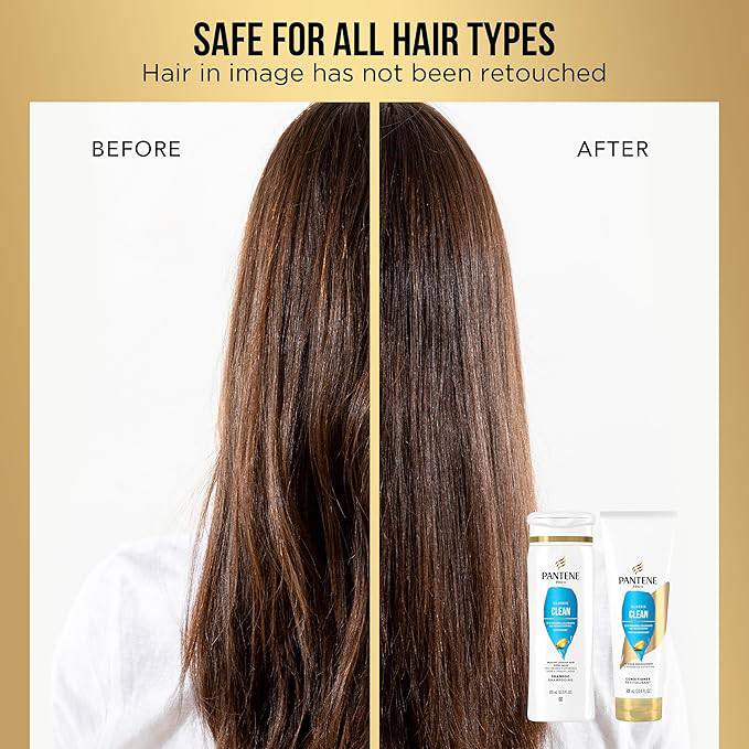Before and after of long brown hair. Left side looks dull; right side is shiny and smooth after Pantene Pro-V Classic Clea...