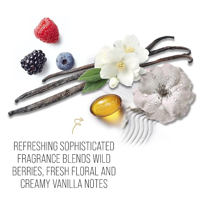 Pantene Pro-V Classic Clean Shampoo fragrance: wild berries, vanilla, jasmine, dewy flower, Pro-V capsule, cream.