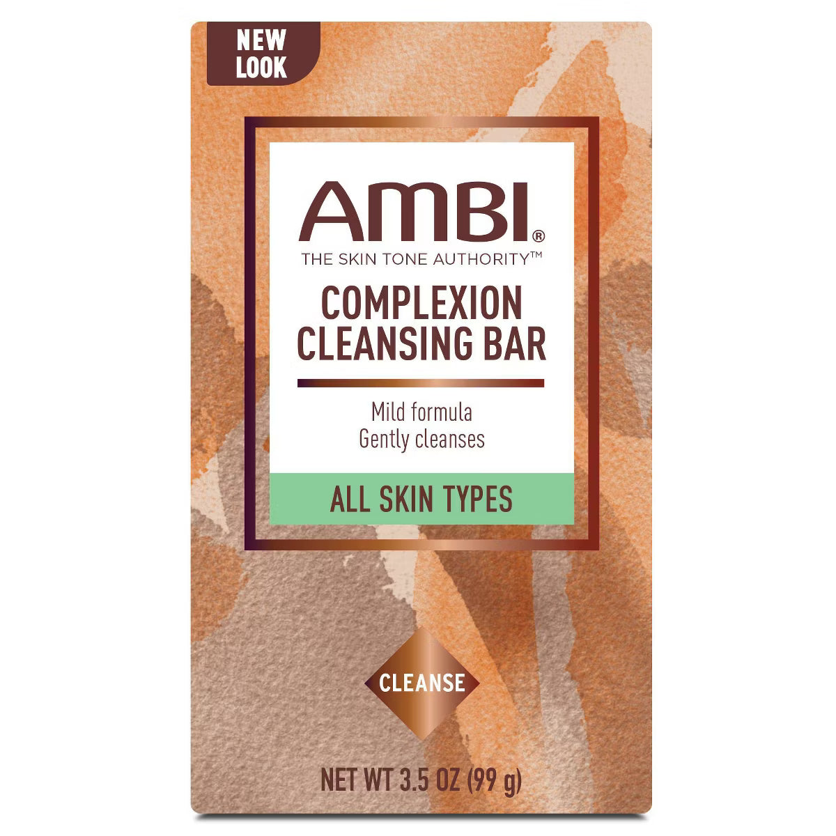 AMBI Complexion Cleansing Bar packaging. New look, watercolor design background, "ALL SKIN TYPES" emphasized.