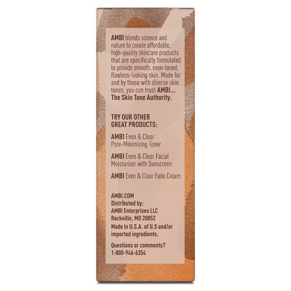 AMBI Skincare Complexion Cleansing Bar side box displays brand info, other products, and contact on a warm-toned pattern.