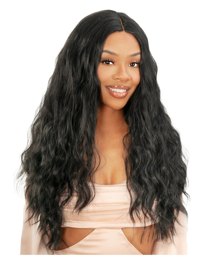 Woman wearing New Born Free CUTIE Lace Parting Wig CTLP04: long, black, loosely waved hair with a center part.