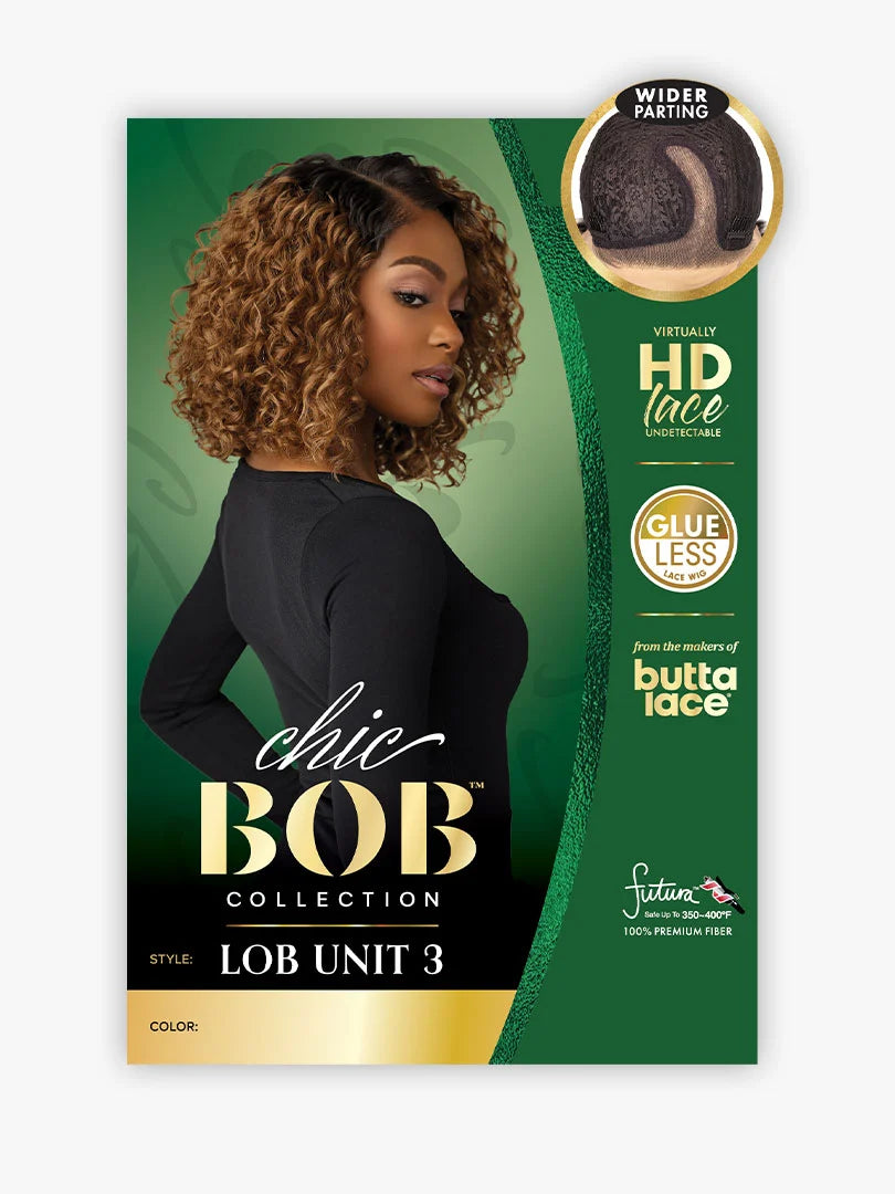 Packaging for Butta Chic Bob Lace Wig LOB Unit 3 features a model in a short, curly, highlighted brown bob wig.
