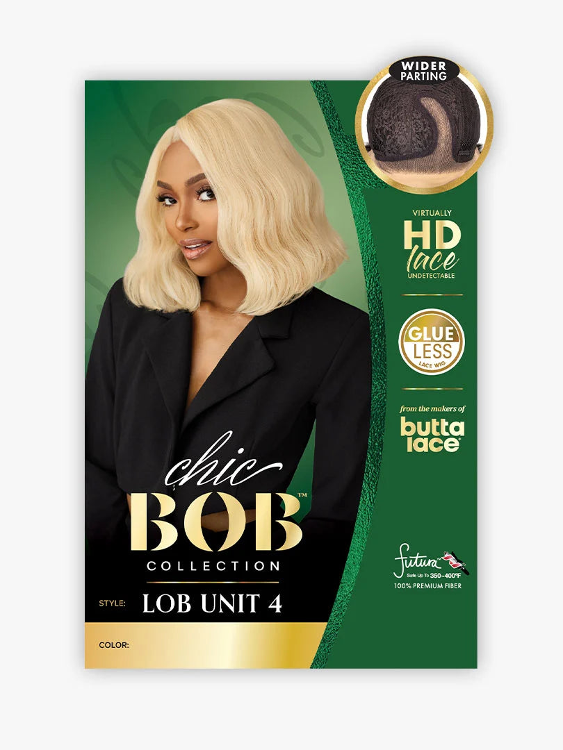 Butta Chic Bob Lace Wig LOB Unit 4 packaging showing a woman wearing a light blonde wavy shoulder-length bob.