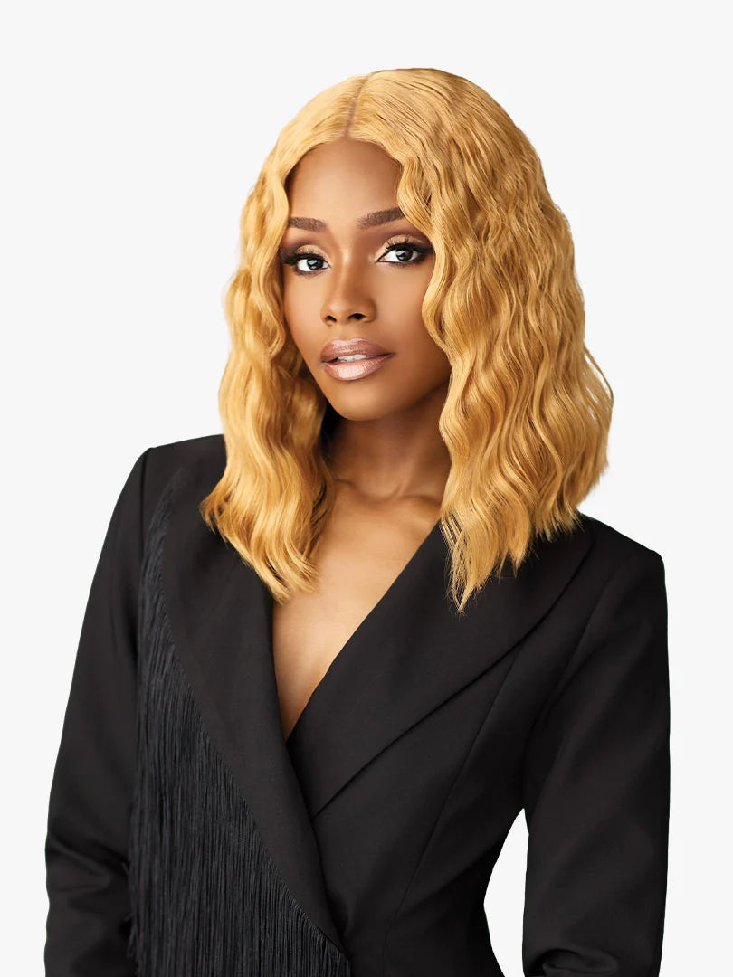 Butta Chic Bob Lace Wig LOB Unit 6: Woman with golden blonde, wavy, shoulder-length bob wig with a middle part.