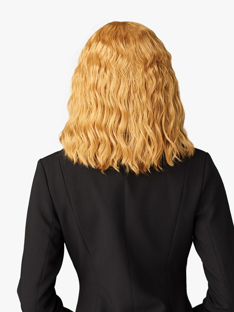 Back view of a person wearing the Butta Chic Bob Lace Wig - LOB Unit 6, featuring wavy, shoulder-length golden blonde hair.
