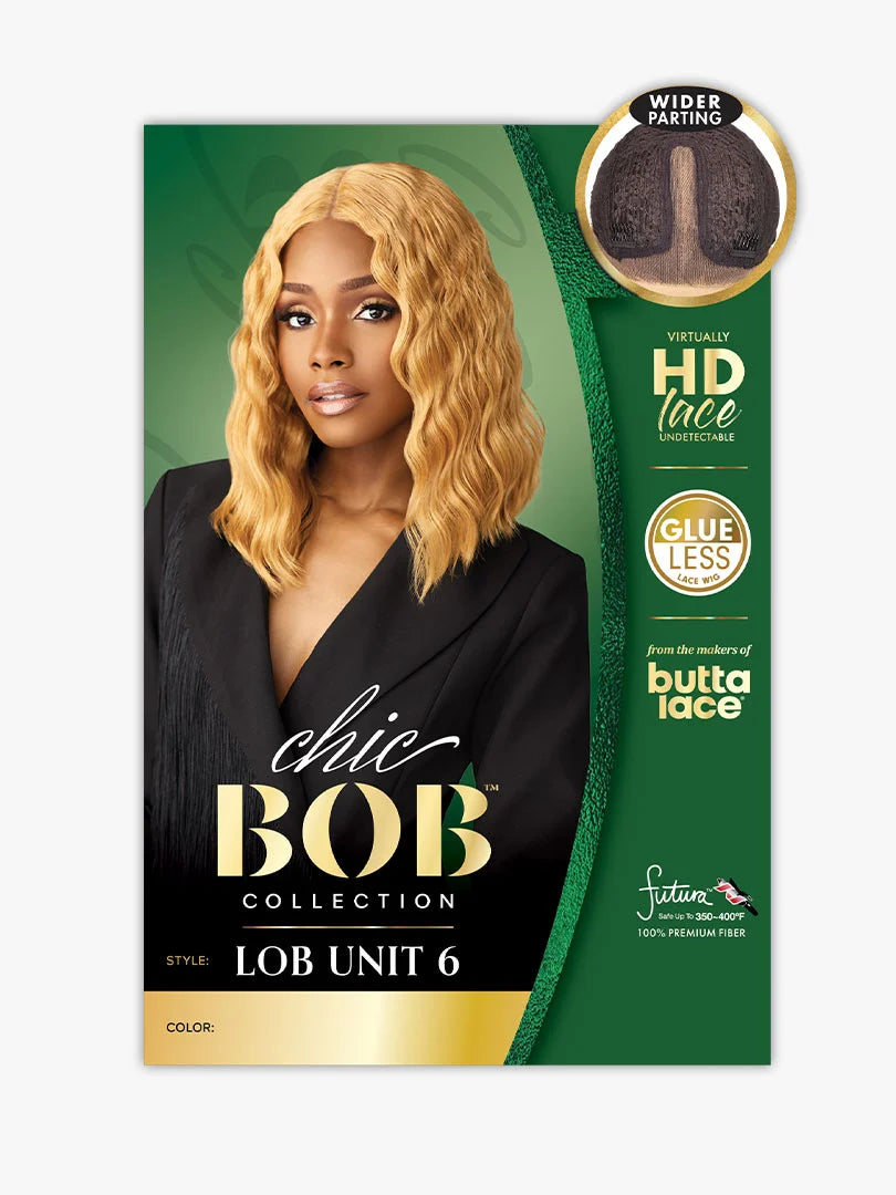 Packaging for Butta Chic Bob Lace Wig - LOB Unit 6, featuring a woman with a wavy, shoulder-length golden blonde lob.