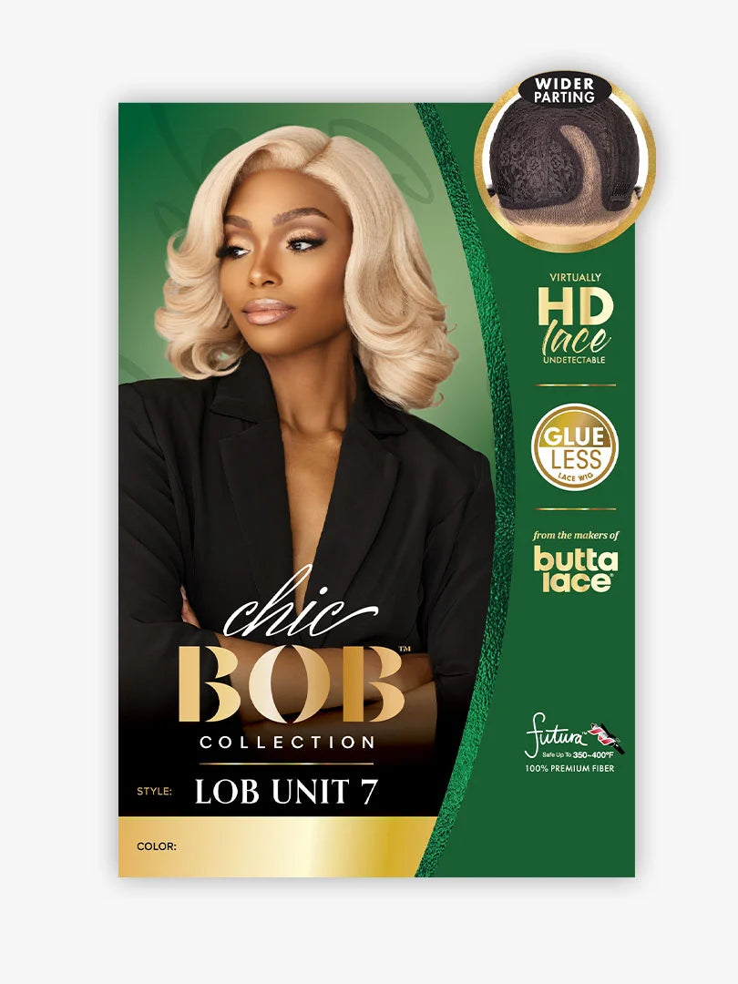 Butta Chic Bob Lace Wig - LOB Unit 7 packaging shows a woman with a wavy, shoulder-length platinum blonde bob.