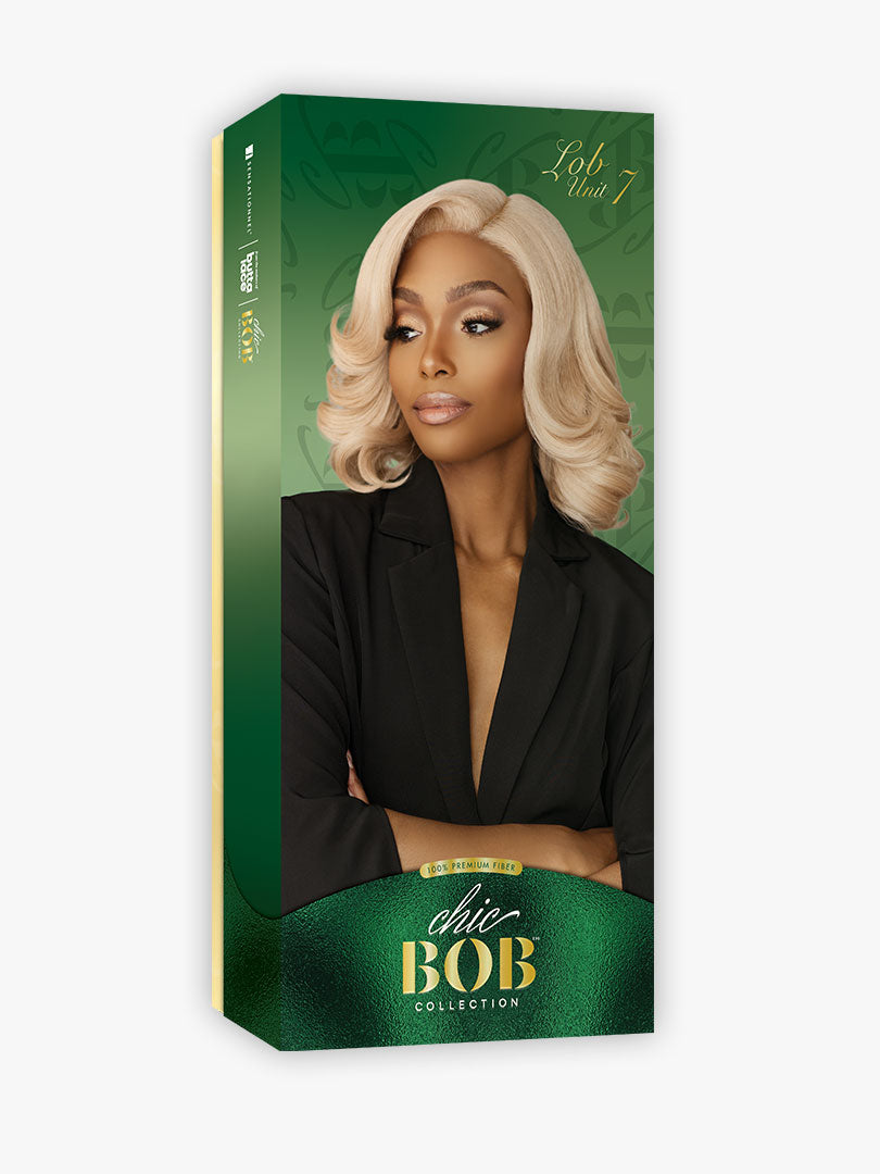 Butta Chic Bob LOB Unit 7 packaging featuring a woman in a blonde, chin-length, side-parted bob with bouncy curls.