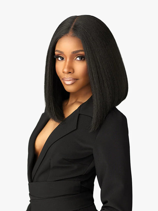 Butta Chic Bob Lace Wig LOB Unit 8: Woman models a textured black, shoulder-length bob with a precise middle part.