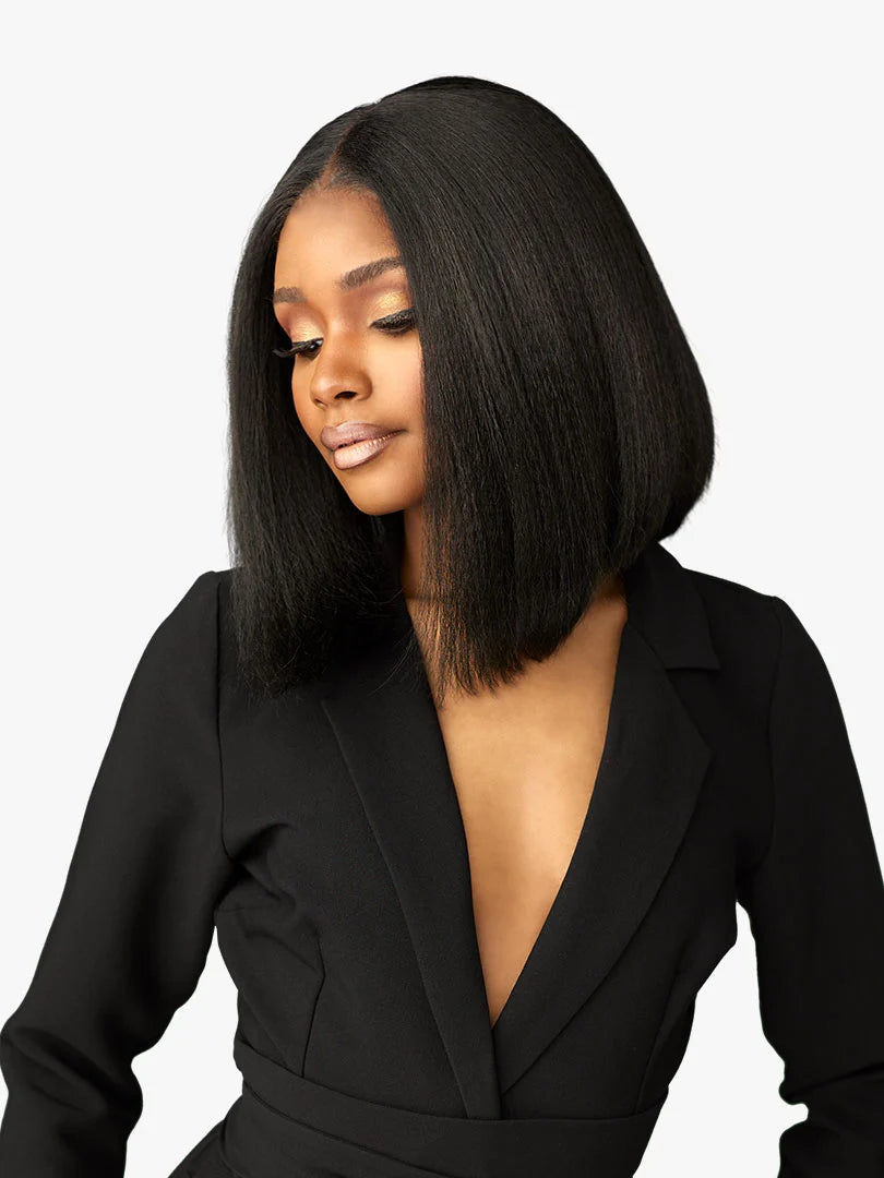 Woman models Butta Chic Bob Lace Wig - LOB Unit 8: a textured black chin-length bob, styled straight with a side part.