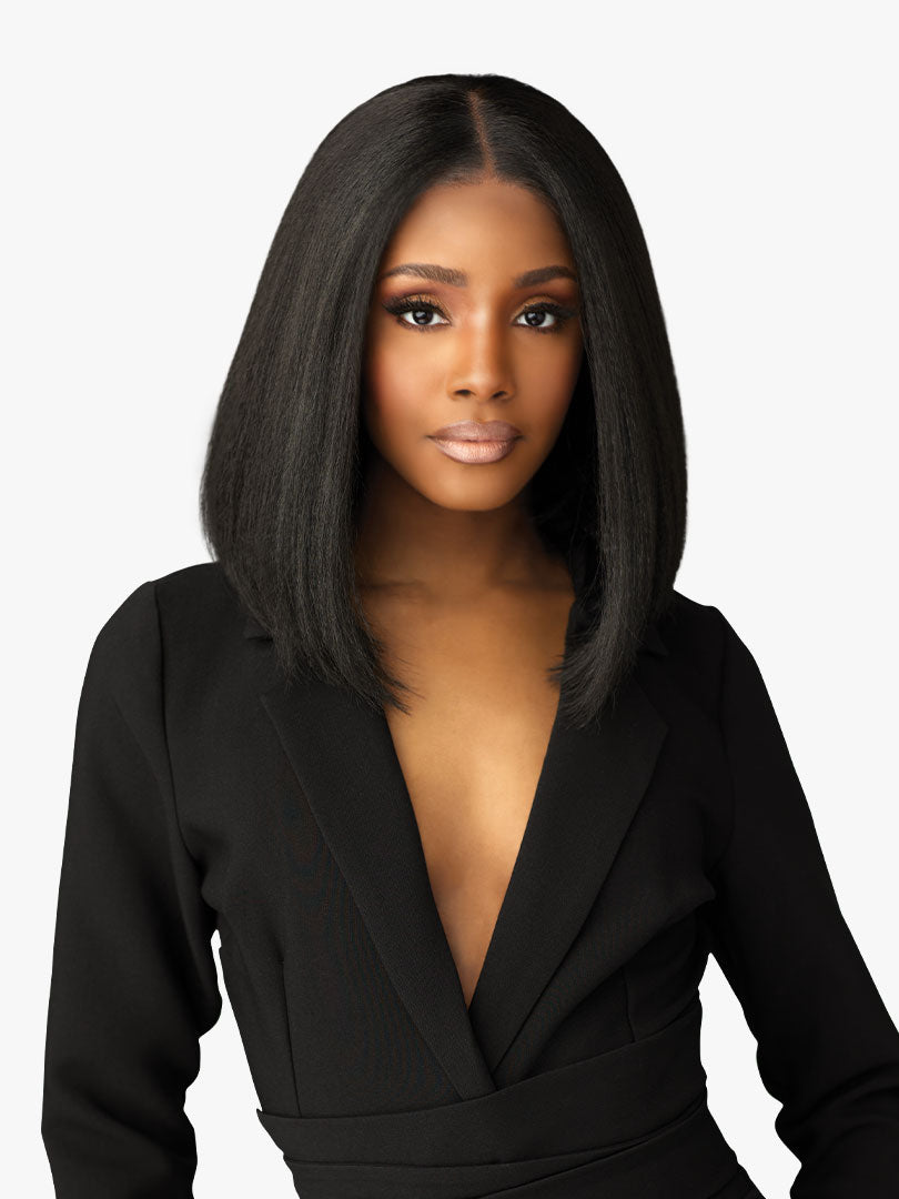 Woman wears Butta Chic Bob Lace Wig LOB Unit 8; a black, center-parted, slightly textured shoulder-length bob.