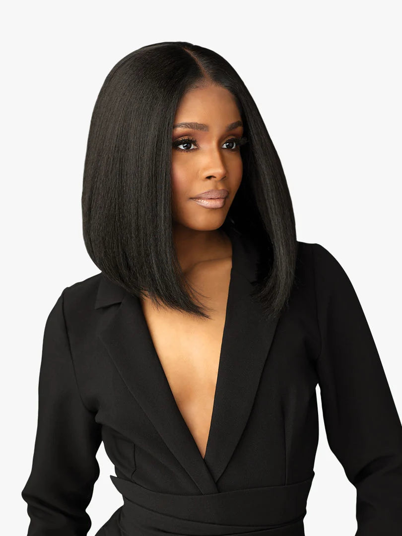 Woman wearing Butta Chic Bob Lace Wig LOB Unit 8, a sleek black shoulder-length bob with a middle part.