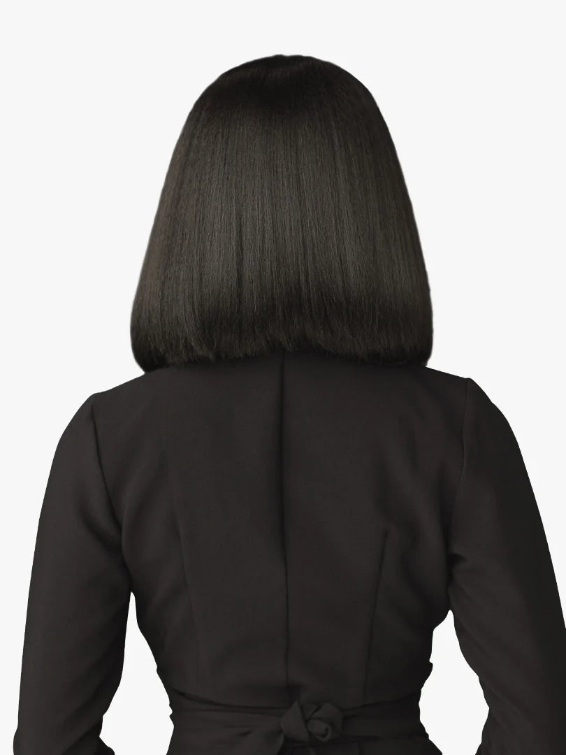 Back view of a person wearing a Butta Chic Bob Lace Wig - LOB Unit 8, with straight, black, chin-length hair.