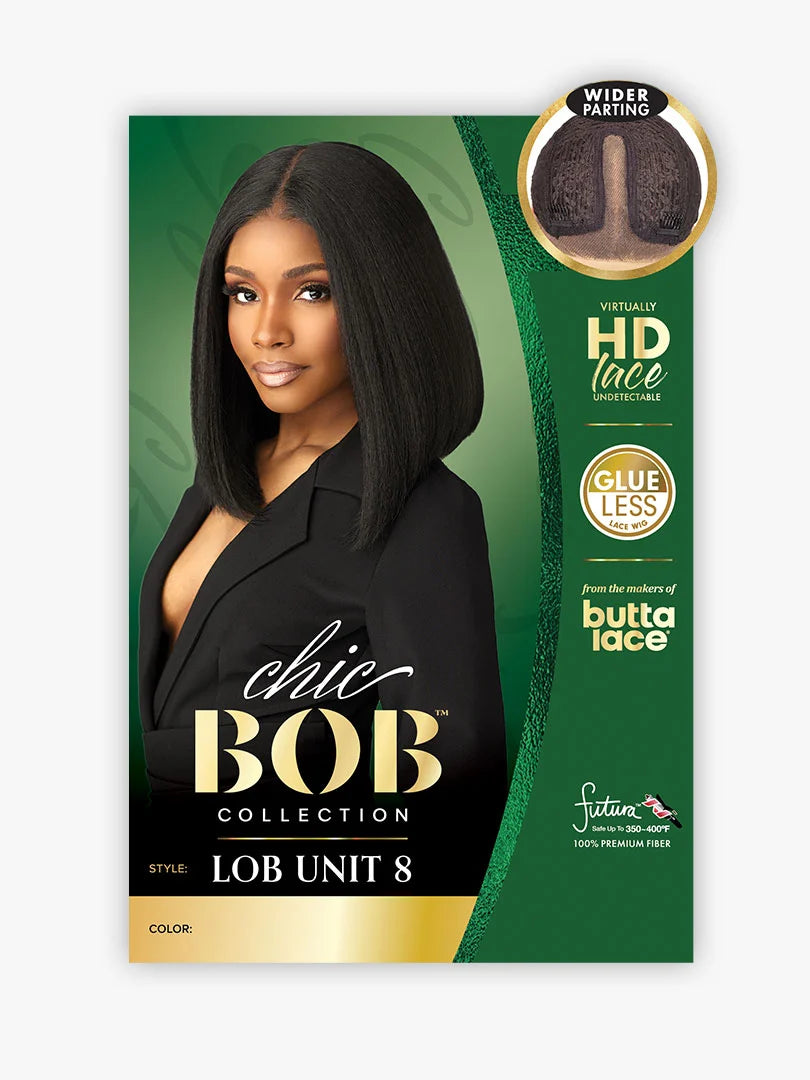 Packaging for Butta Chic Bob Lace Wig - LOB Unit 8, showing a model with a sleek, black, center-parted shoulder-length bob.