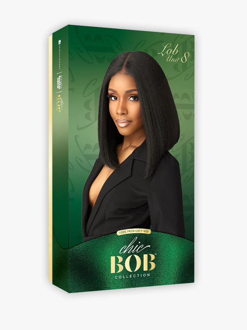 Packaging for Butta Chic Bob LOB Unit 8 wig. Features a woman wearing a natural-looking, black, textured, shoulder-length ...