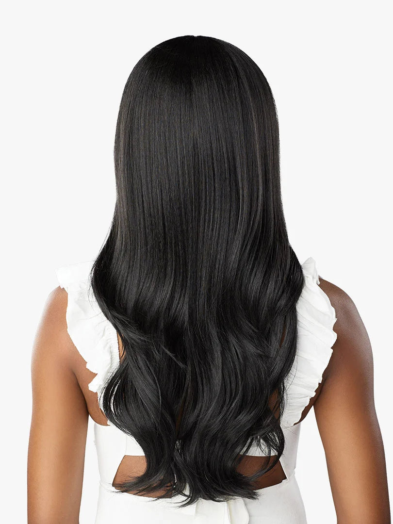 Rear view of a person wearing the Dashly Lace Wig - Unit 27. It features long, black hair styled with a straight top and f...