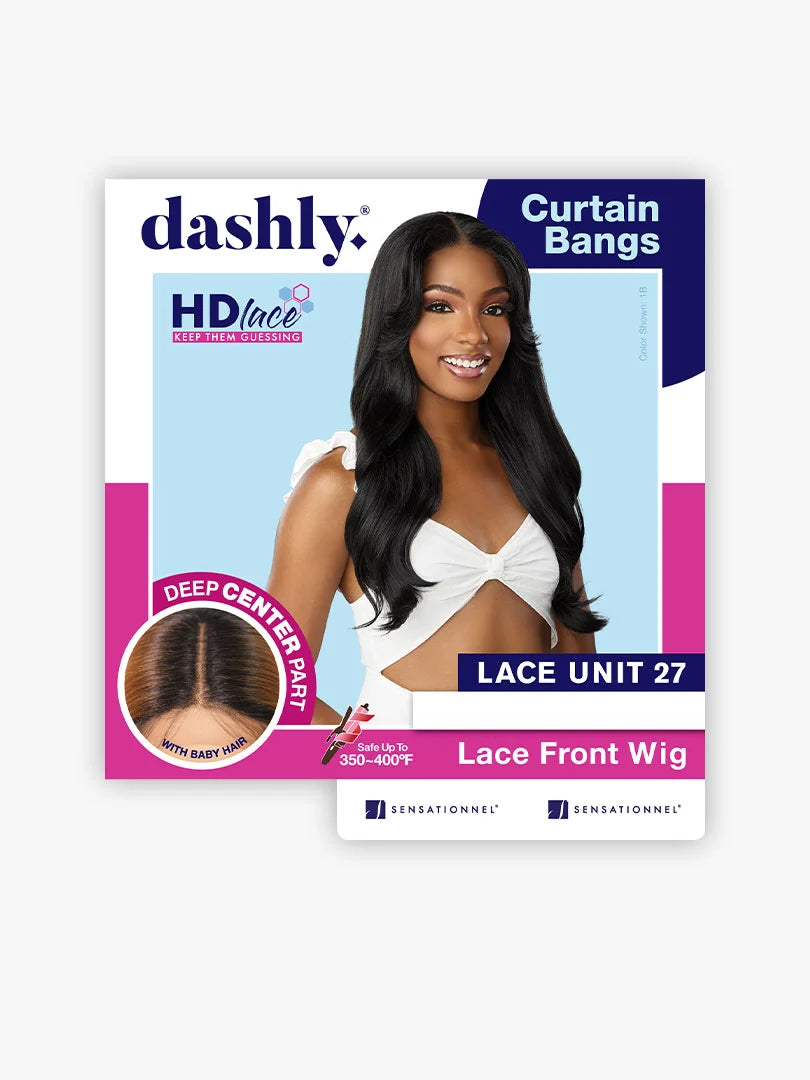 Dashly Lace Wig Unit 27 packaging shows a woman with long, layered black wavy hair and curtain bangs.