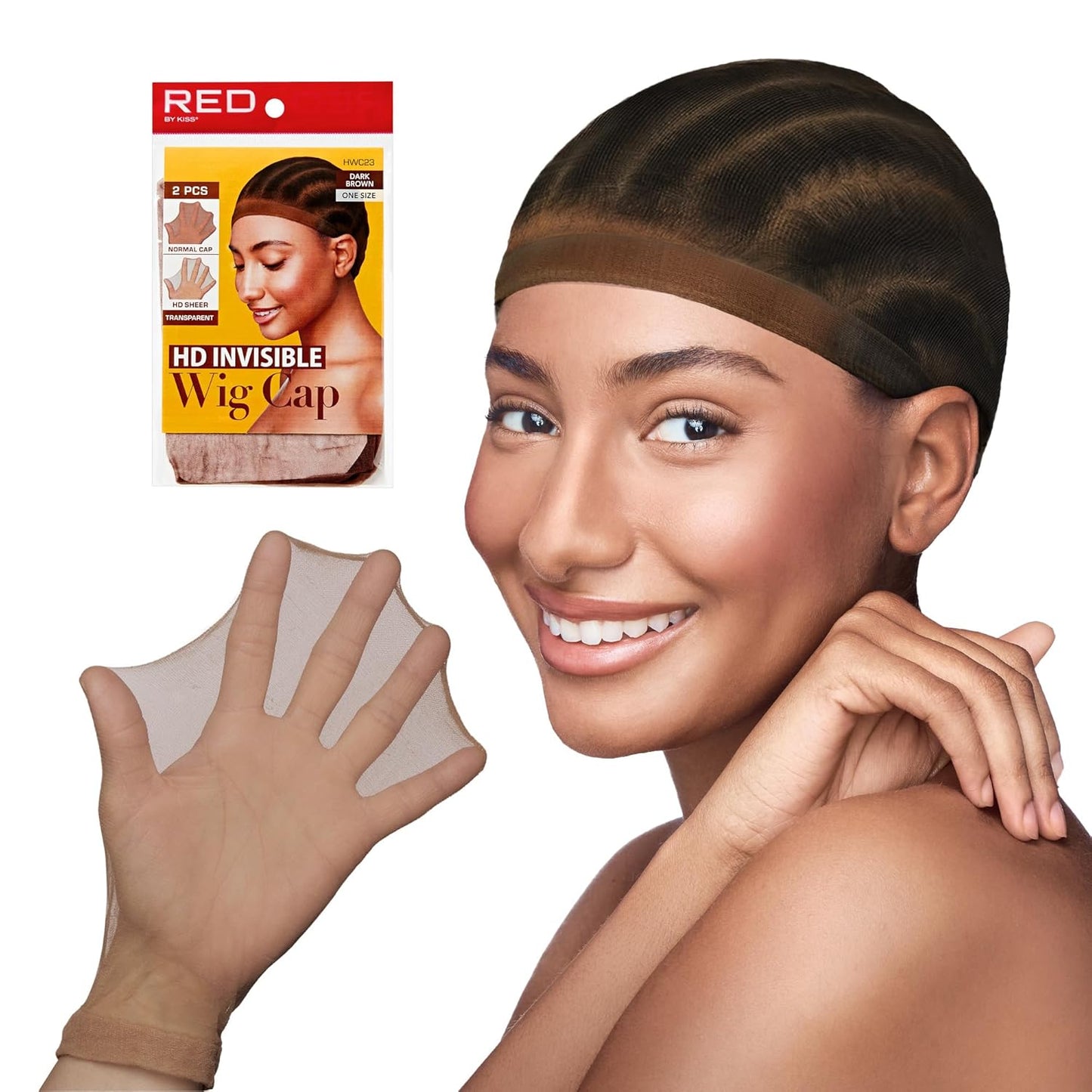 Smiling woman wears a dark brown Red by KISS HD Invisible Wig Cap. Product packaging and a sheer, stretched cap are also s...