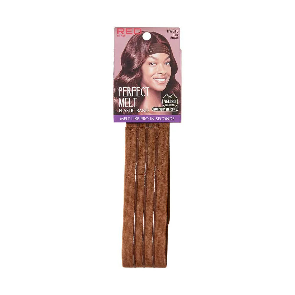Red by Kiss Perfect Melt Non-Slip Silicone Elastic Wigband - Wide Dark Beige. Packaging has model and coiled band.