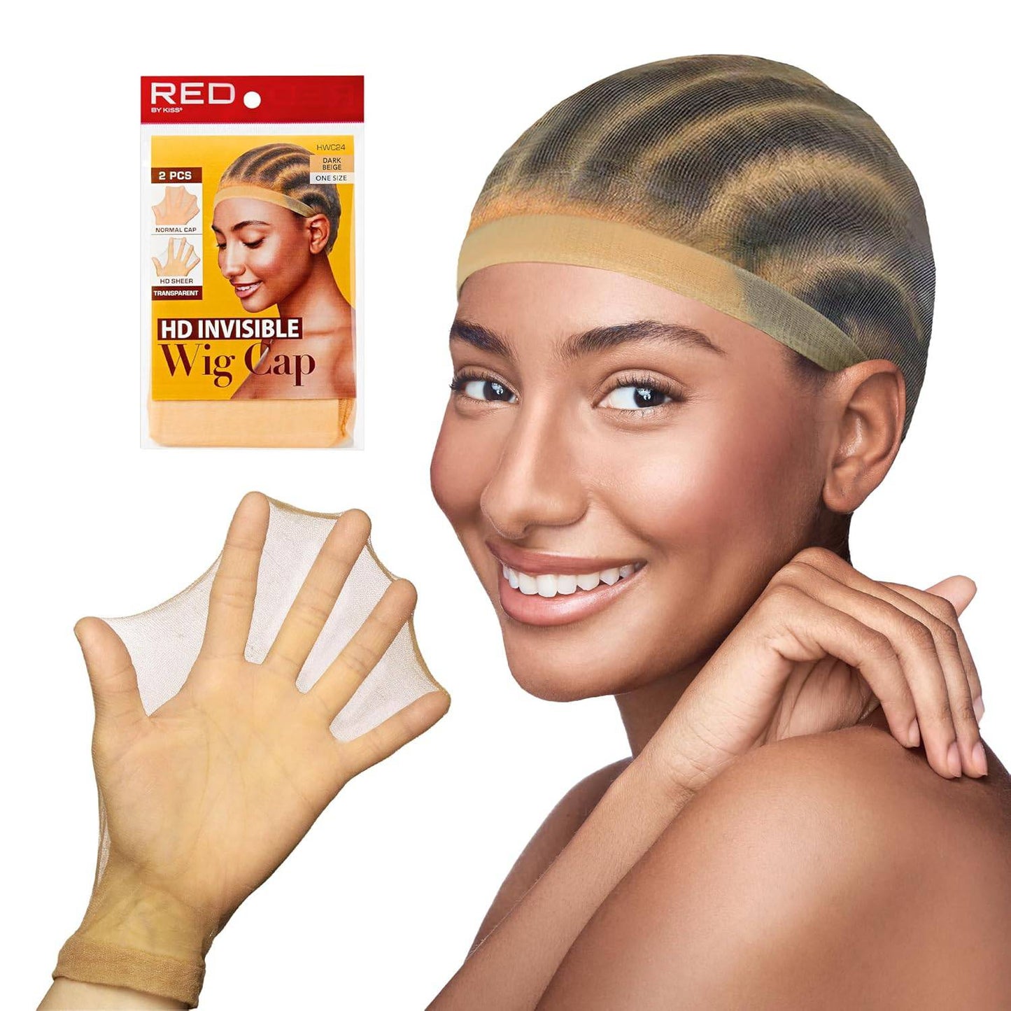Smiling woman wearing Red by Kiss HD Invisible Stocking Wig Cap in Dark Beige, with packaging and cap stretched on hand.