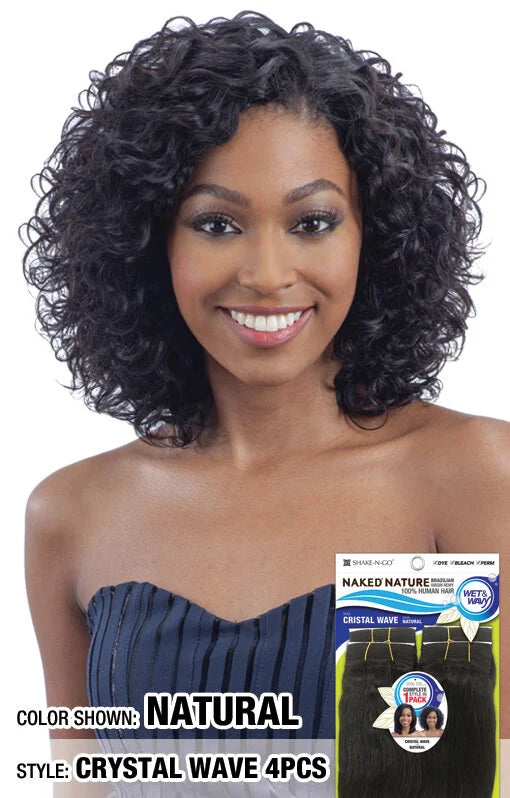 Smiling woman models short, curly, natural Naked Nature Wet & Wavy Crystal Wave Weave hair. Packaging shown.