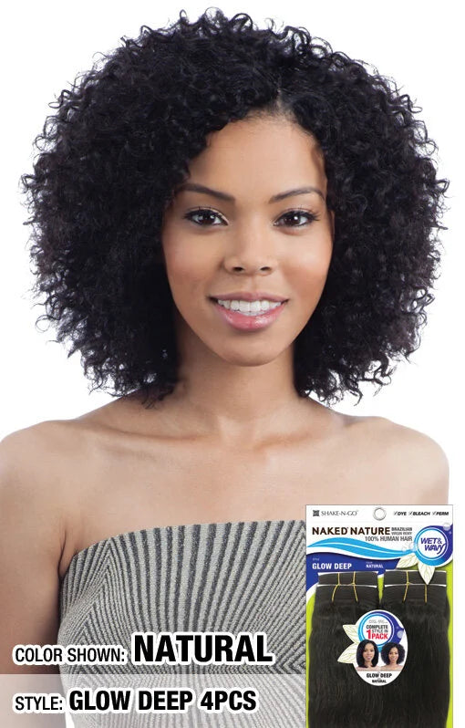 Smiling woman models Naked Nature Glow Deep wet & wavy, natural black, shoulder-length curly hair. Package shown.