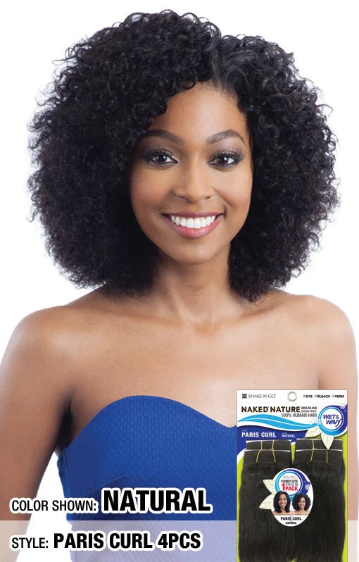 Smiling woman with voluminous, natural black Naked Nature Paris Curl weave. Product packaging shows dark curly bundles.