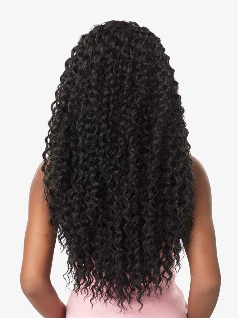Back view of a person wearing Lulutress Deep Twist 18-inch pre-looped crochet hair. Long, black, with defined, spiraling c...