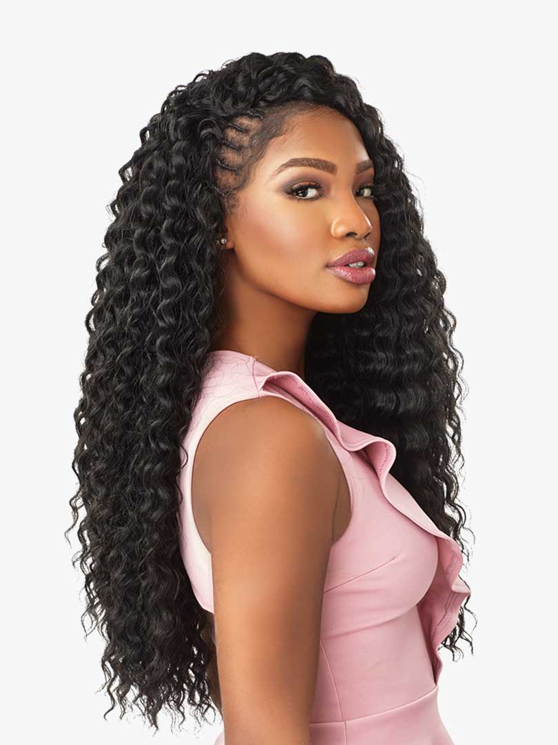 Woman modeling Lulutress Deep Twist 18" pre-looped crochet hair. Long, black, voluminous deep twists with cornrow detail.
